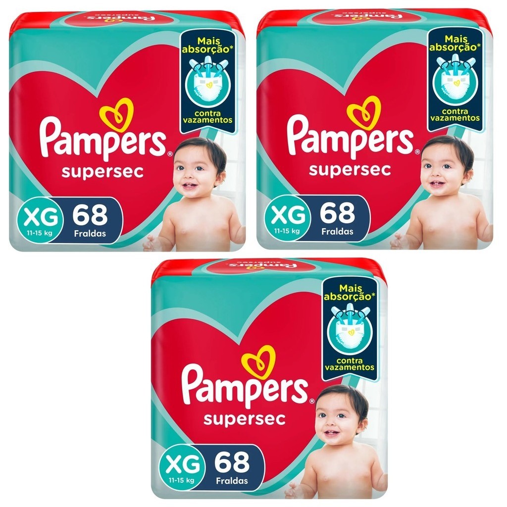 Kit 3 Fraldas Pampers Jumbo Supersec Tam XG 68 Un – Procter