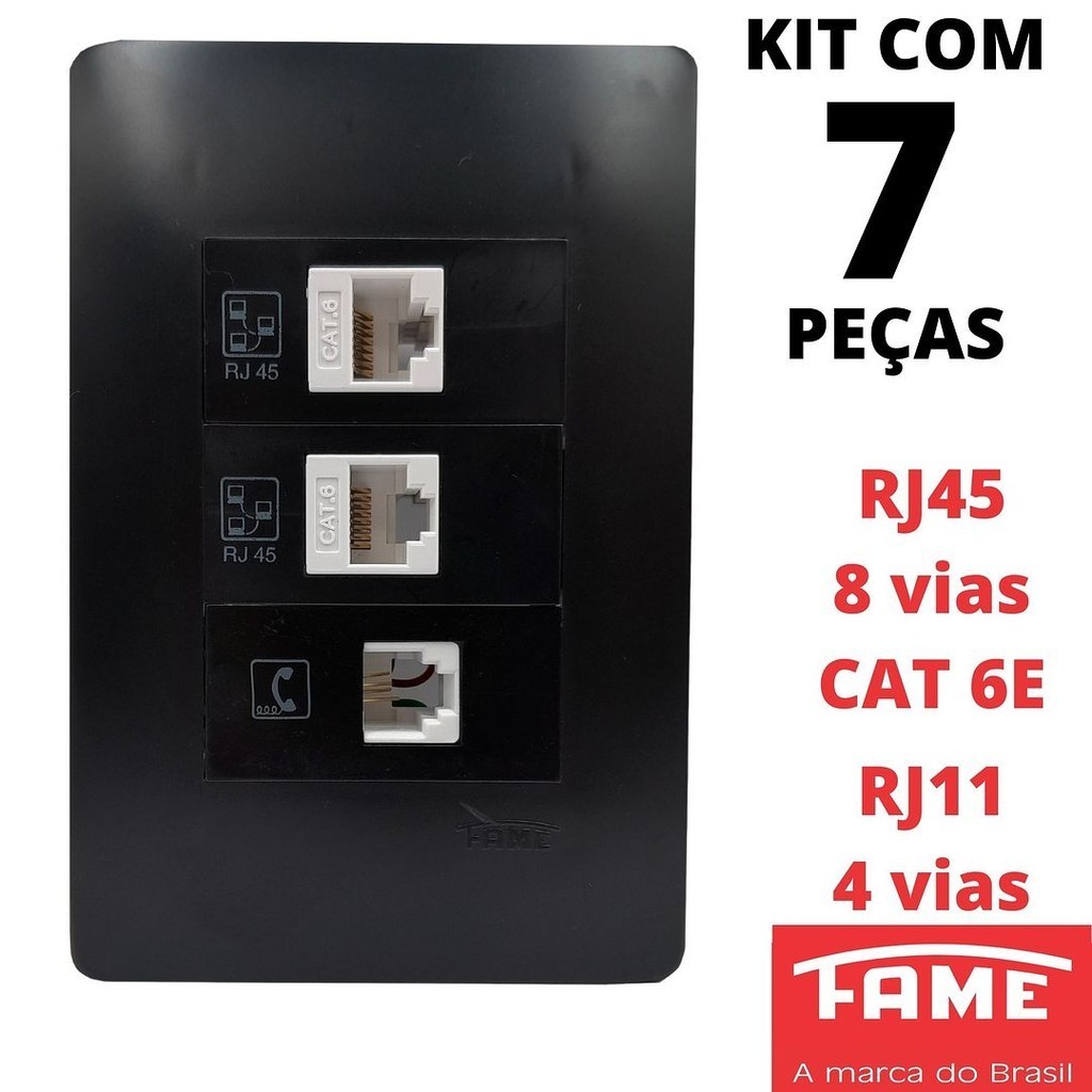 7un Tomada VD RJ11 4 Vias RJ45 CAT 6E 8 Vias Dupla Com Placa Habitat Black Preto FAME