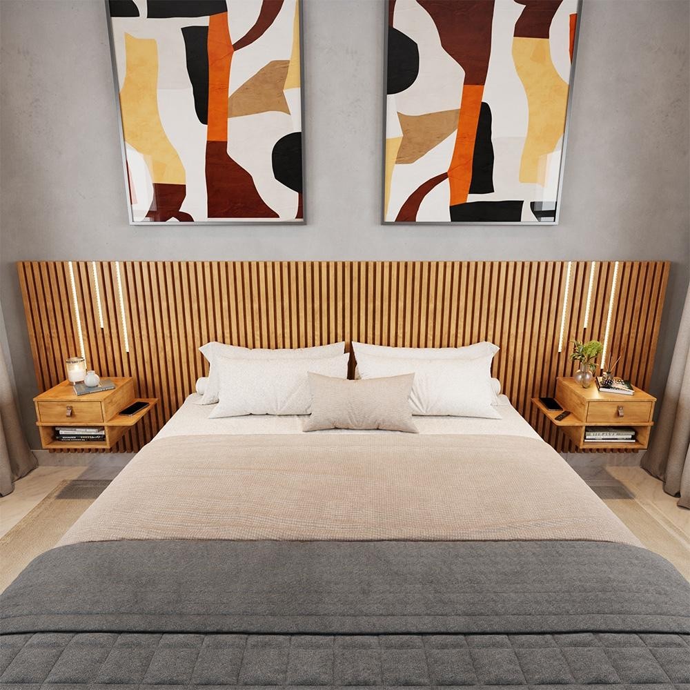 Cabeceira King Ripada Quarto Manila 2 Mesas e Led em Oferta na Shopee