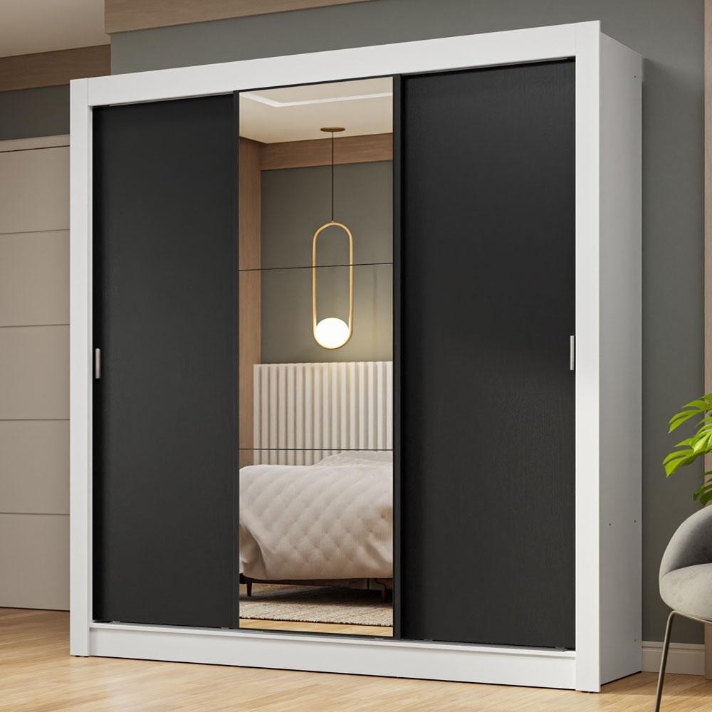 Guarda-Roupa Casal 3 Portas de Correr com Espelho Branco/Preto Nobre Madesa em Oferta na Shopee