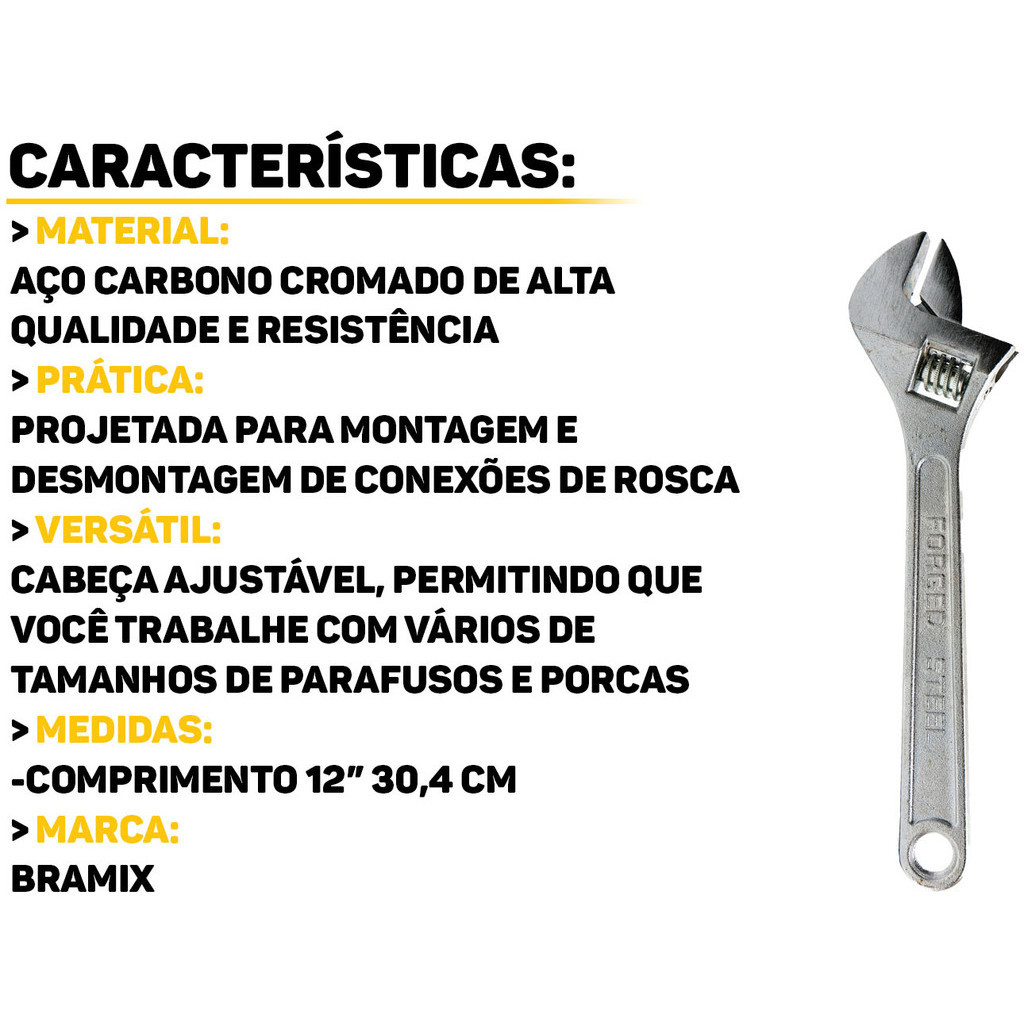 Detalhes do Chave Inglesa Ajustável 12 Polegadas Em Aço Carbono Acabamento Cromado Bramix