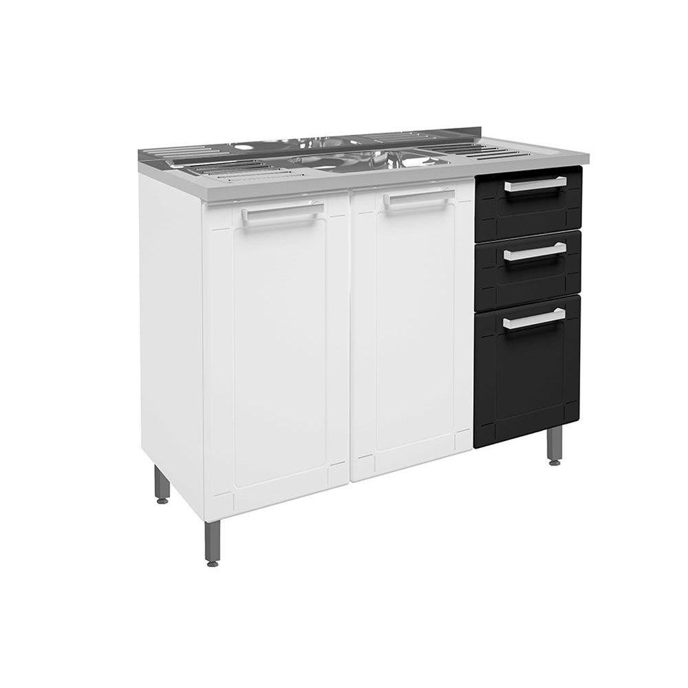 Balcão de Cozinha Gabinete c/Pia Múltipla 6015 3 Portas e 2 Gavetas 105cm Branco/Preto - Bertolini em Oferta na Shopee