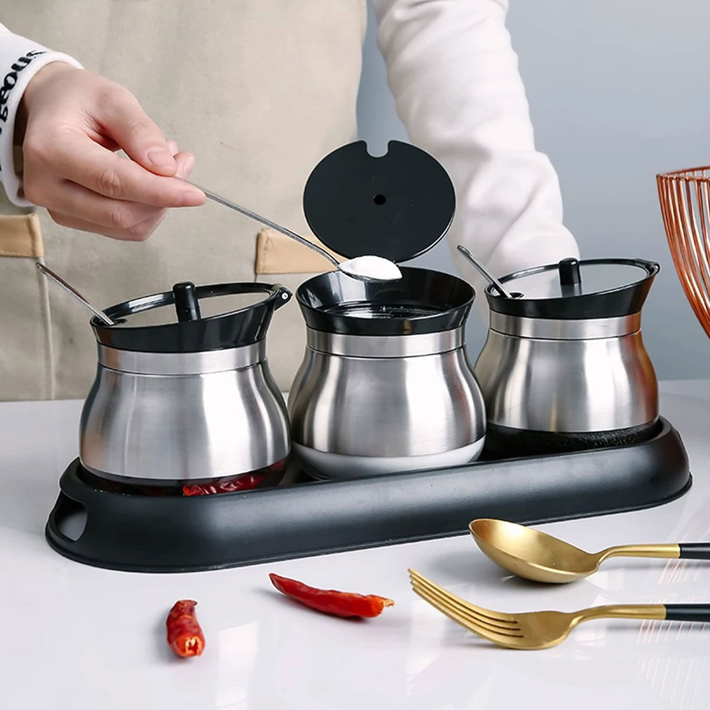 Kit Porta Condimento 3 Potes Com Colher Guardar Sal Pimenta - Wincy