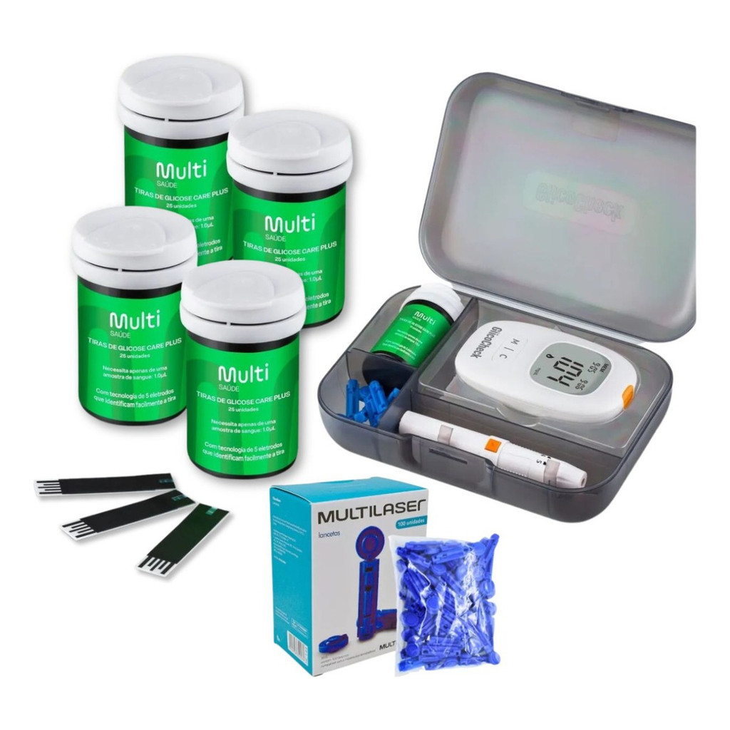 Kit Medidor De Glicose Monitor de Glicemia + 100 Tiras + 100 Lancetas + Caneta Lancetadora