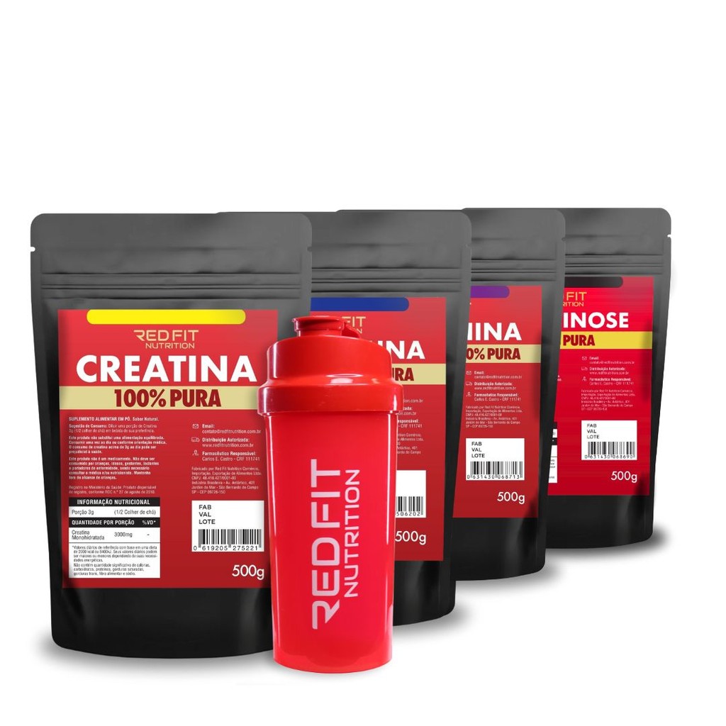 Creatina 500g Palatinose Isomaltulose 500g L-Glutamina 500g L-Arginina500g - 100% Pura Matéria-Prima Importada - Red