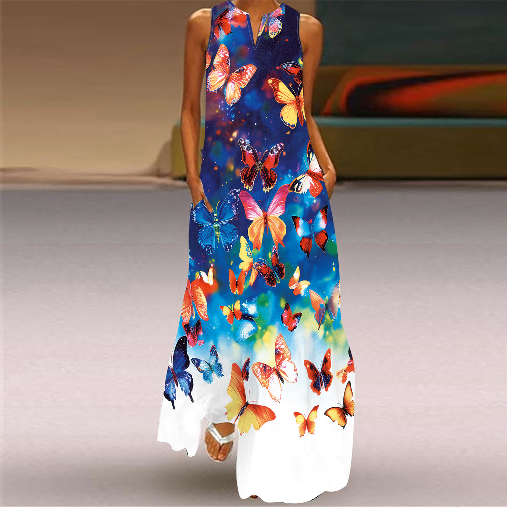 Novo Elegante Vestido De Gola Entalhada Com Estampa De Borboleta , Primavera E Verão , Casual , Sem Mangas , Bolso Duplo