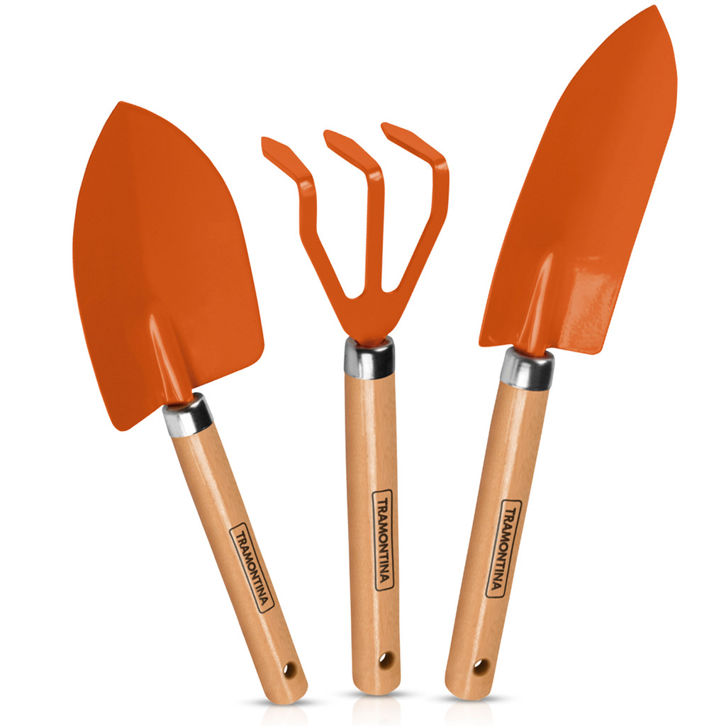 Kit Conjunto Para Jardinagem Tramontina Metálico 3 Peças Com Cabo De Madeira Leve Prático Fácil
