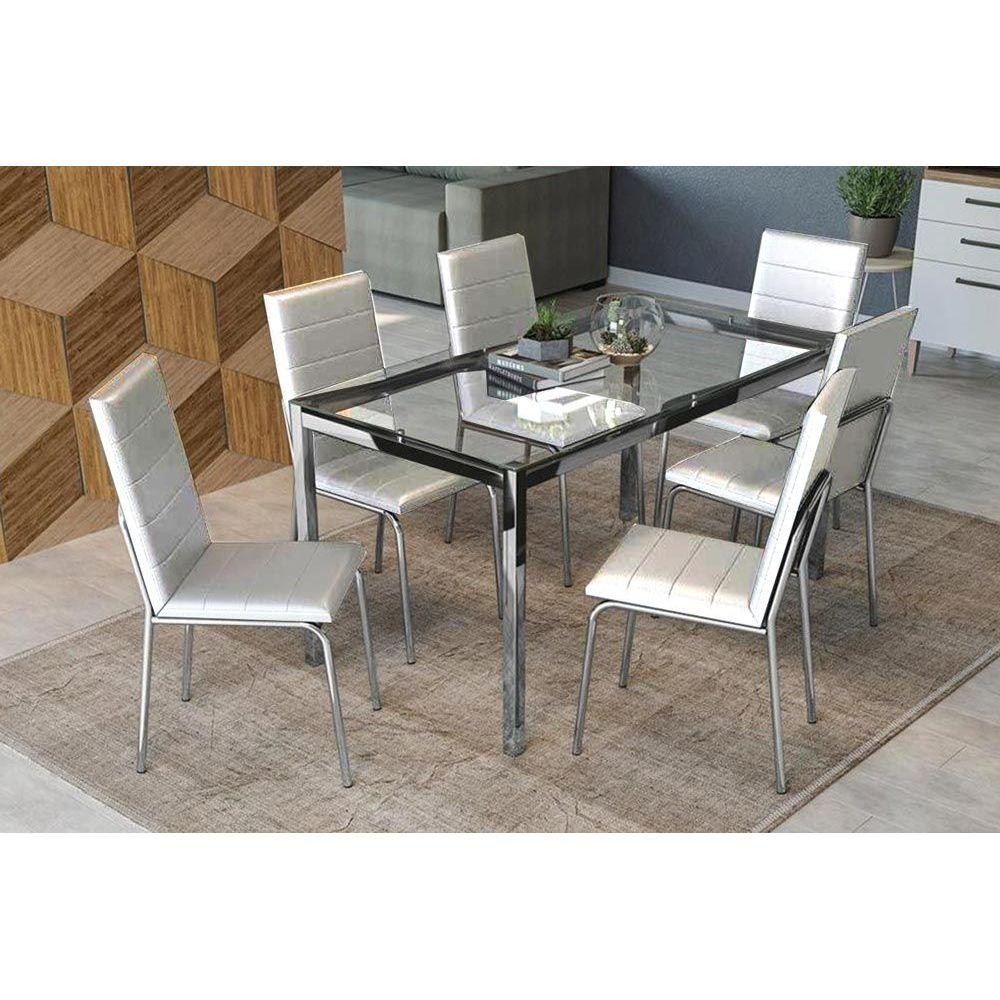 Sala de Jantar Completa Reno c/ Tampo Vidro 150cm + 6 Cadeiras Amsterdã Cromado/Courano Branco - Kappesberg em Oferta na Shopee