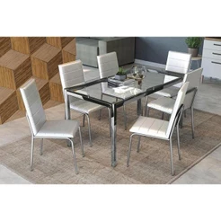 Sala de Jantar Completa Reno c/ Tampo Vidro 150cm + 6 Cadeiras Amsterdã Cromado/Courano Branco - Kappesberg