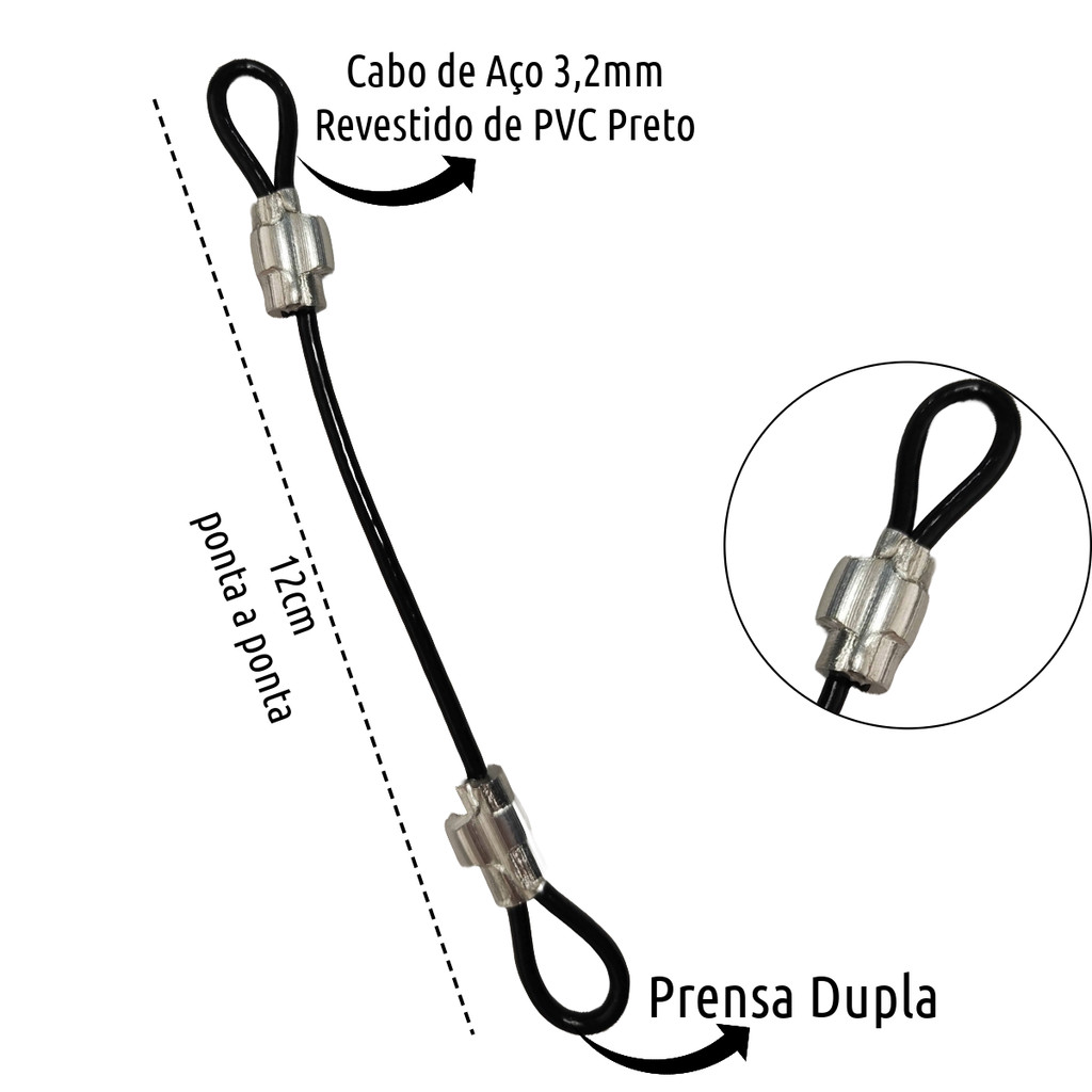 Lacres em Cabo de Aço 12cm Revestido PVC Preto Estrobo Trava Capacete Bike Mala Mochila Security Travel