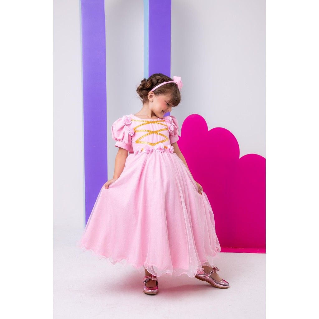 Vestido Longo Rosa Bebê Infantil Juvenil Fantasia Princesa Aurora Festa Luxo Halloween Conforto Fofo