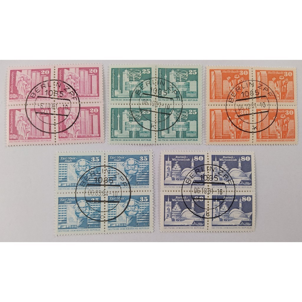 CINCO QUADRAS SELOS NOVOS ALEMANHA BERLIN DDR (ANTES UNIFICAÇÃO) MONUMENTOS PRAÇAS - COM CARIMBO