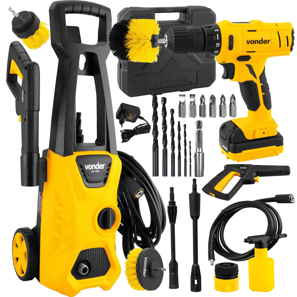 Kit Limpeza Moto Carro Lavadora de Alta Pressão 1400W Parafusadeira Maleta Escova Vonder em Oferta na Shopee