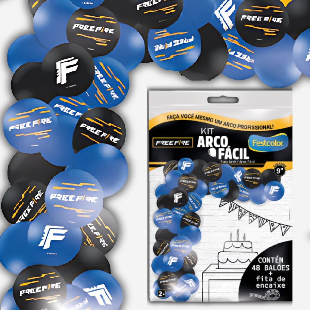 KIT ARCO FACIL DE BALOES FREE FIRE GAMER  n°9 48 UN + 1 FITA ARCO  FESTCOLOR em Oferta na Shopee