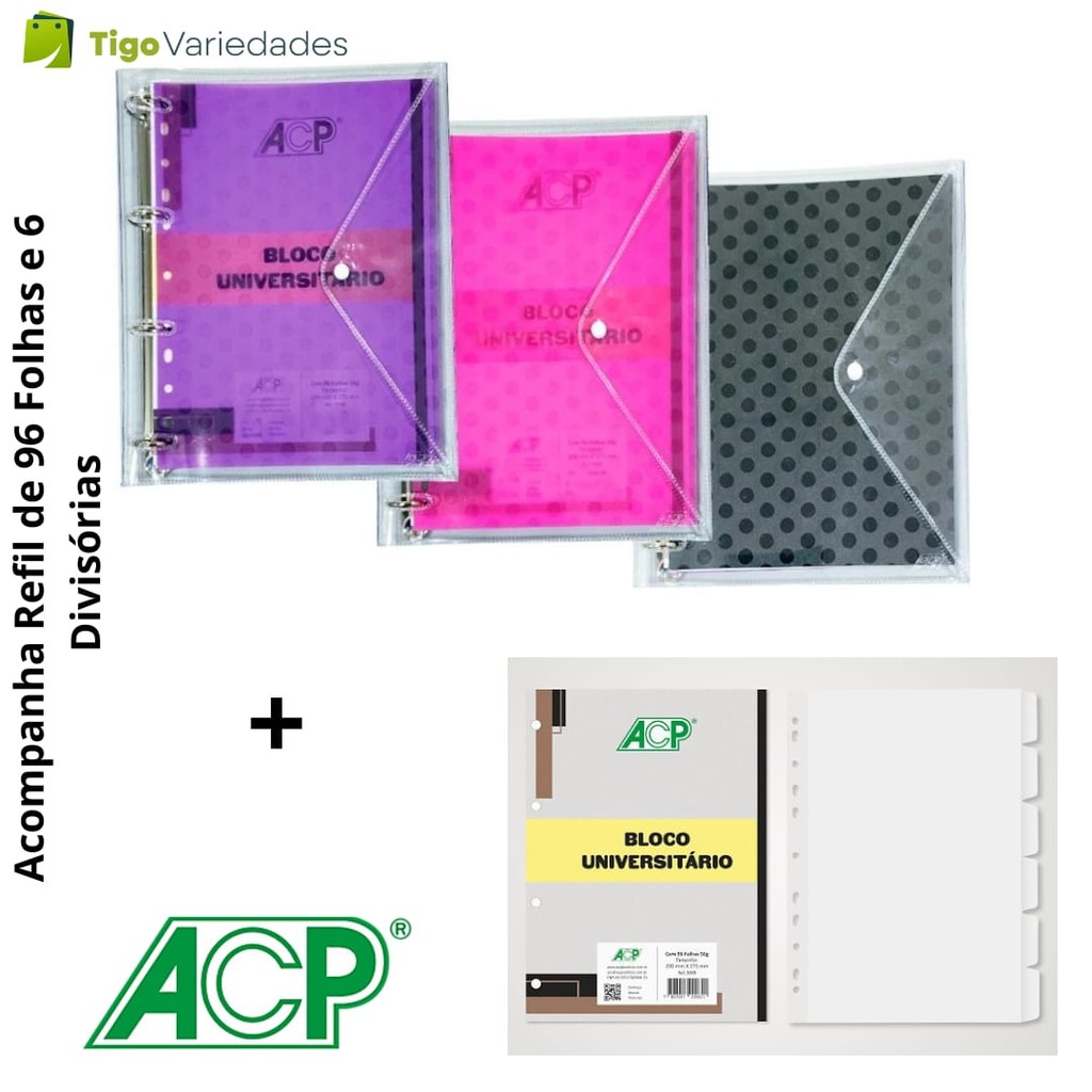 Fichário Universitário com Botão Poa com bloco de folhas e divisórias ACP em Oferta na Shopee