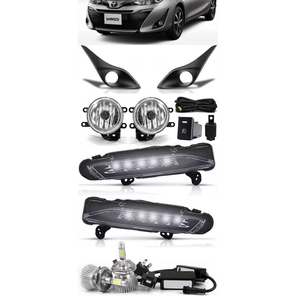 Kit Farol de Milha Neblina Toyota Yaris Hatch e Sedan Com LED DRL + Kit Lâmpada Super LED 6000K