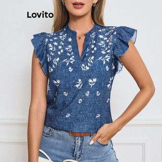 Lovito Blusa elegante com padrão floral e babados para mulheres LBL17069 em Oferta na Shopee