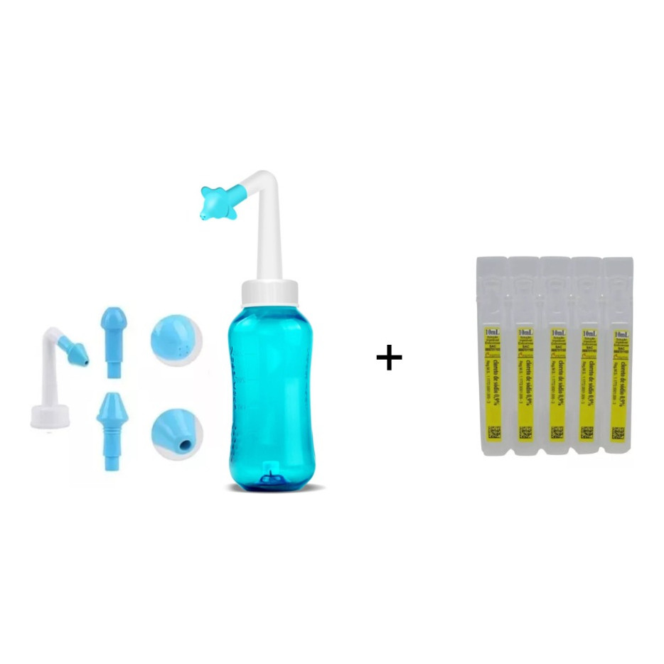 Kit Higienizador Lavagem Nasal Ducha Garrafa 300 ml E 2 Bicos + Soro Fisiológico 0,9%