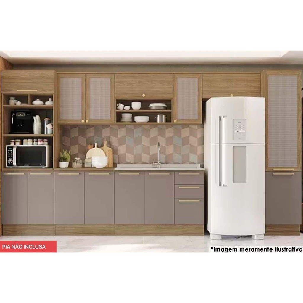 Cozinha Completa Botanic 8 Peças (3 Armários + 2 Balcões + 2 Paneleiros + 1 Complemento) M658 Nogueira/Fendi Fosco - Kappesberg em Oferta na Shopee