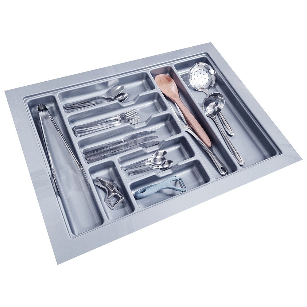 Porta Talheres de Gaveta Organizador Para Cozinha Cinza Metal Com Faqueiro Acabamento Moveis 9 Divisorias