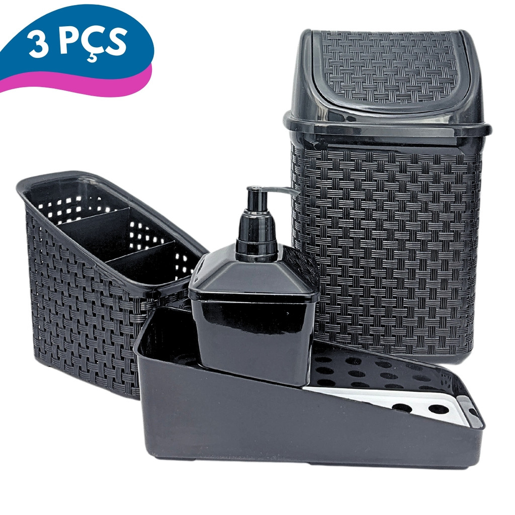 Kit Pia Cozinha 3Pçs C/Lixeira 4,5lts Dispenser P/Detergente 600ml Porta Talher 3 Divisórias  Rattan