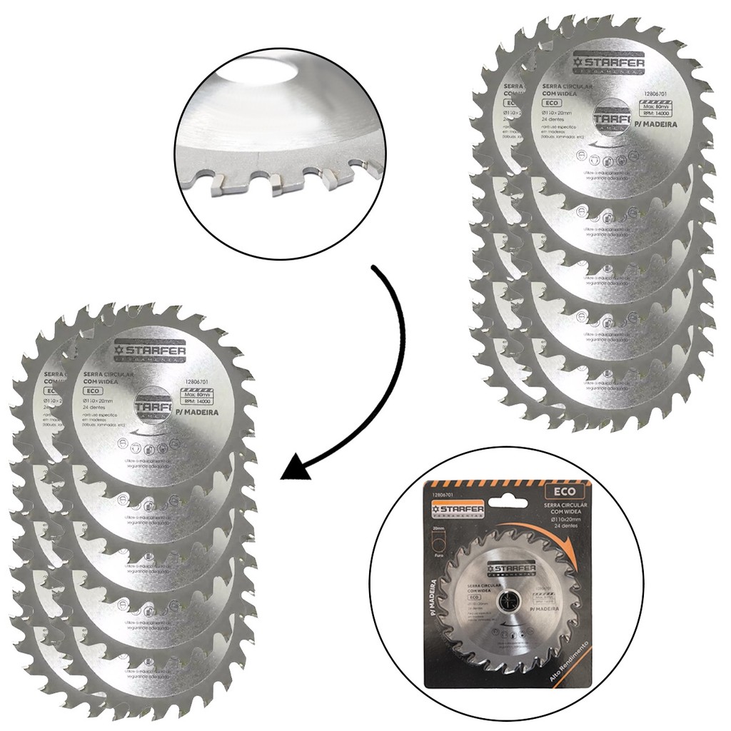 Kit 20 Discos para Serra Circular ECO Wídea Dentes de Metal Resistente 110mm x 20mm Alto Rendimento 0/Madeira 24 Dentes