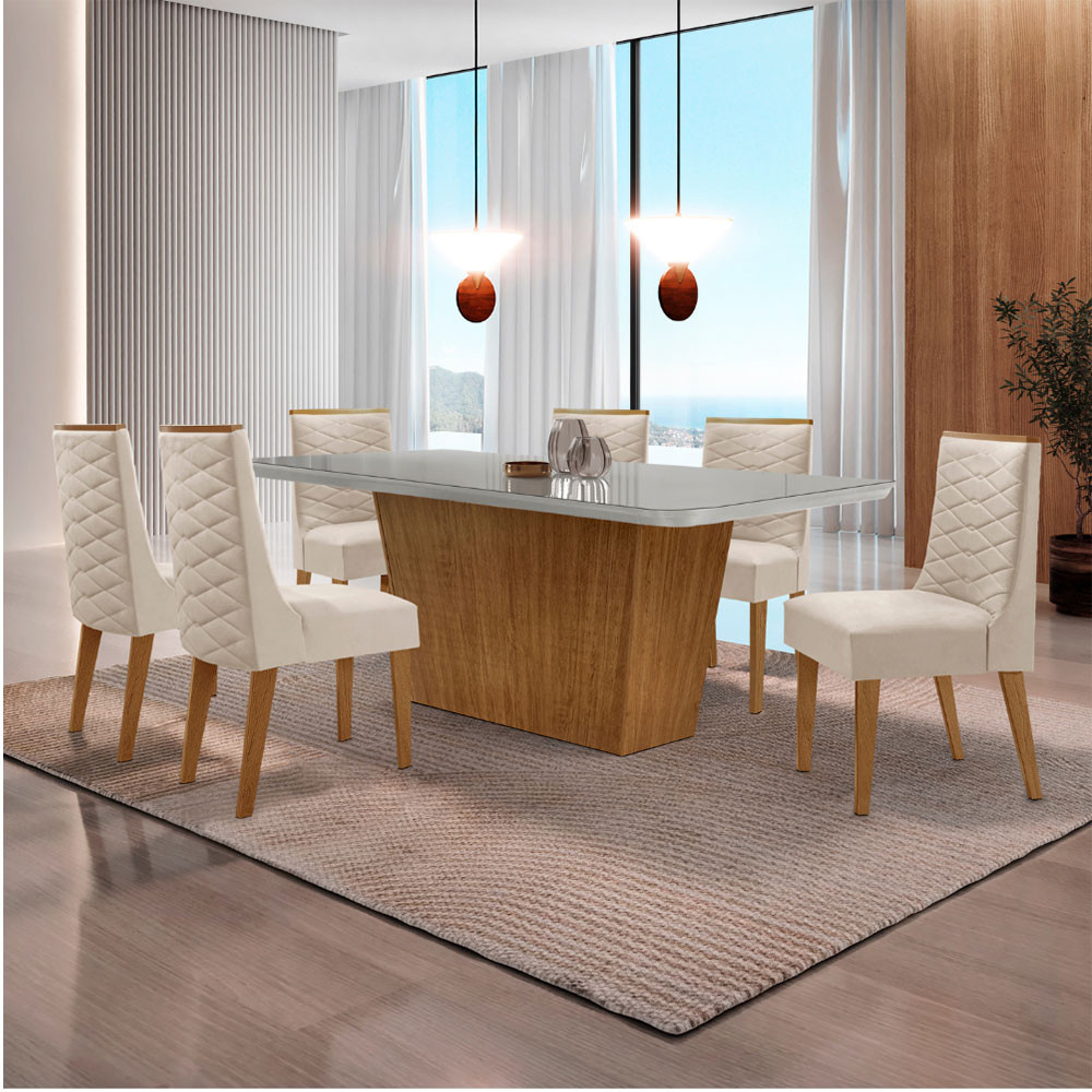 Mesa para Sala de Jantar Aida 180cm MDF Canto Copo com Vidro e 6 Cadeiras Safira
