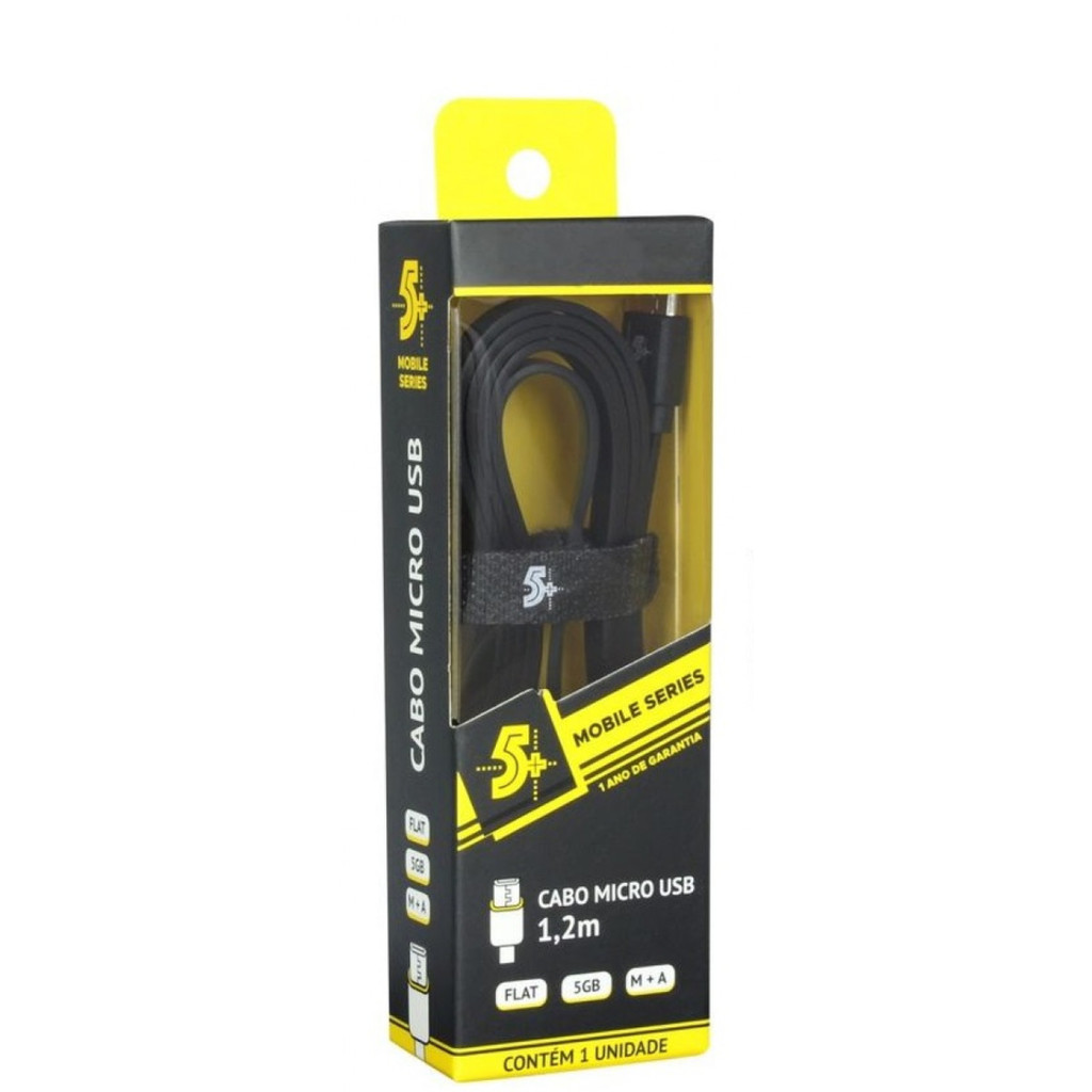 CABO MICRO USB MOBILE+ USB A MACHO- 5GB FLAT - 1.20M - PRETO
