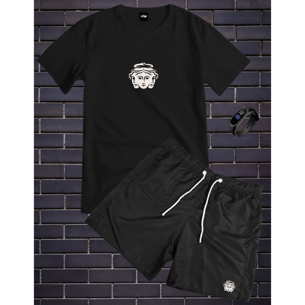 Conjunto Kit Masculino Camisa 100% Algodão Fio 30.1 Estampada + Bermuda Tactel Estampada + RELOGIO DIGITAL A PROVA D'AGU
