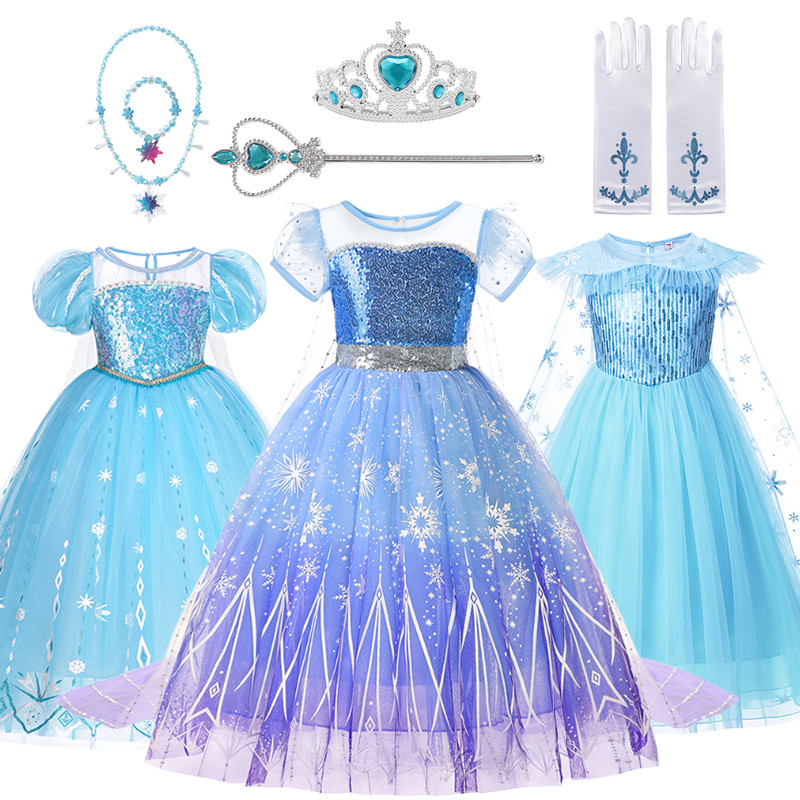Meninas Elsa Princesa Vestido 6 Peças Conjunto Com Coroa Luvas Colar Ternos Crianças Disney Neve Rainha Cosplay Traje em Oferta na Shopee