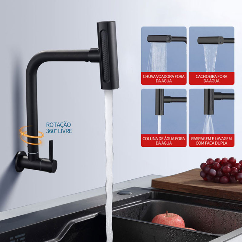 Torneira Cozinha Gourmet Spray montada na parede Preta /prata Aço inoxidável 30