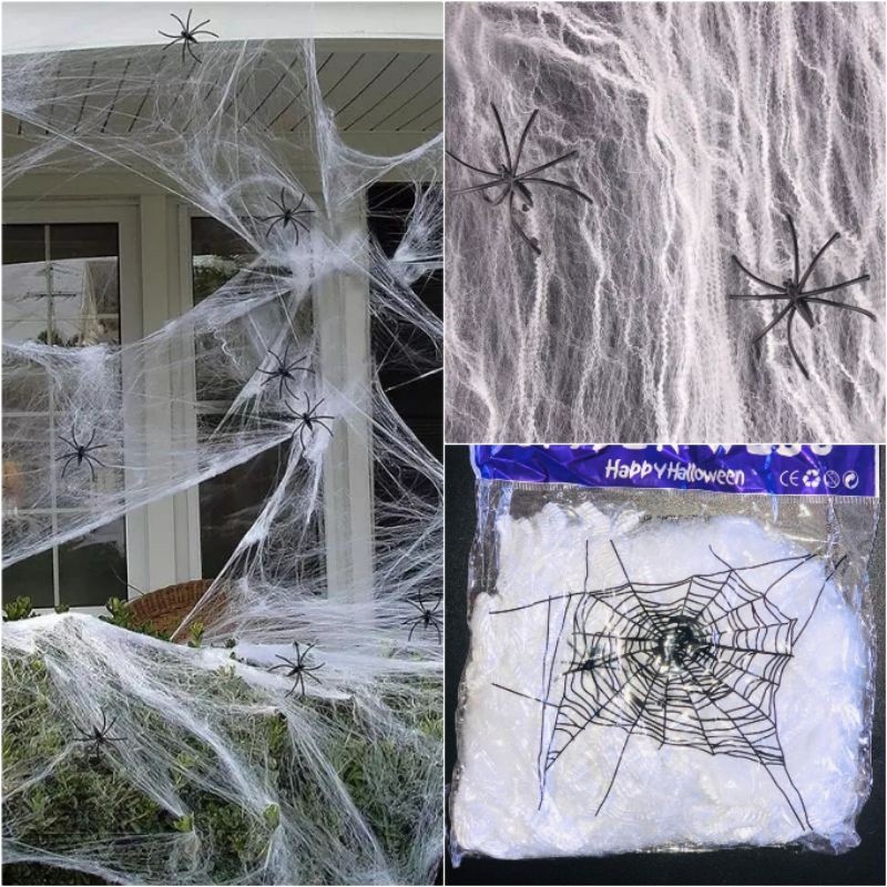 Teia de Aranha Decoração Halloween 20g com 2 aranhas Teia Halloween Festas dia das Bruxas