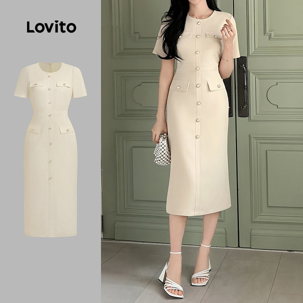 Lovito Vestido Elegante com Botão Bolso Falso Zíper Vestido de Primavera/verão Na Cor damasco L137ED271 em Oferta na Shopee