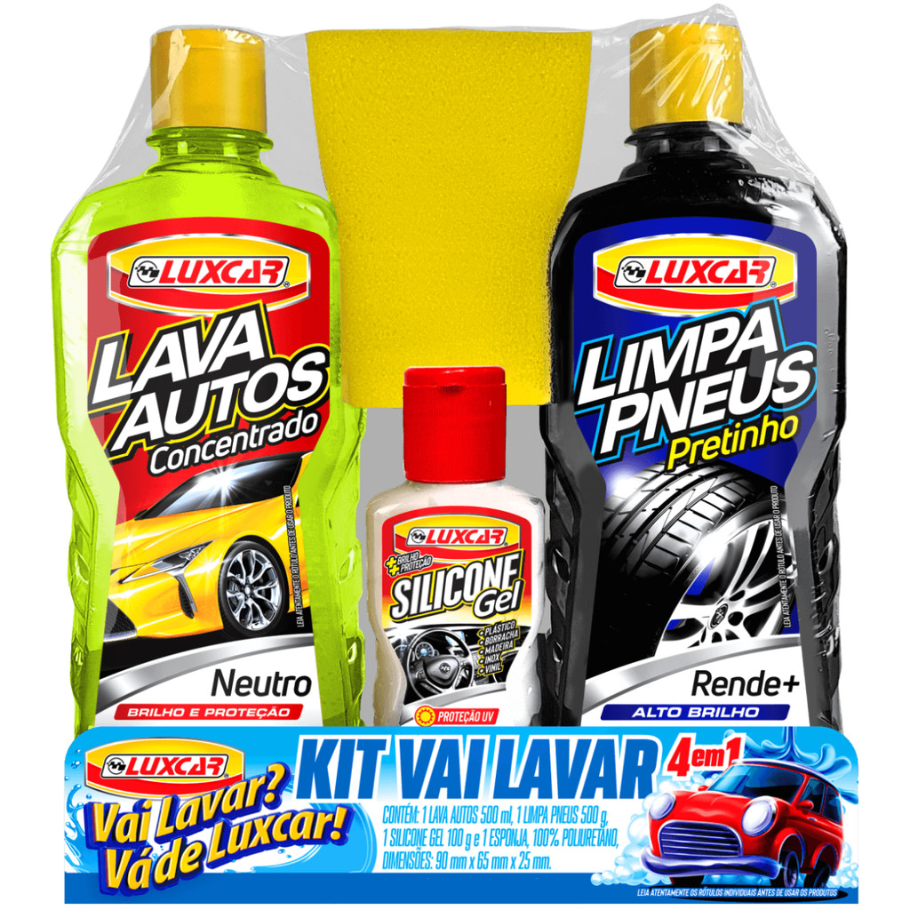 Kit Limpeza Luxcar com Shampoo, Pretinho, Silicone e Esponja Para Higiene Completa do Carro em Oferta na Shopee