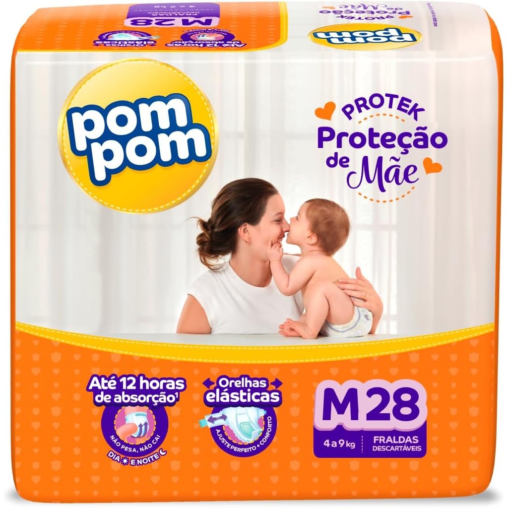 Fralda Pom Pom Protek Proteção de Mãe Jumbo M 28 Unidades