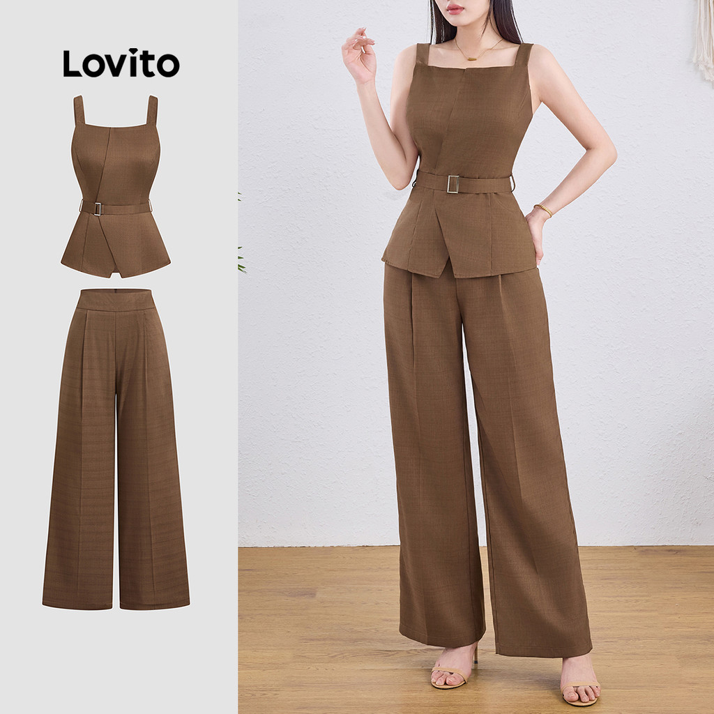 (Lovito Refine) Conjuntos de Calças Casuais com Pregas Zíper Primavera/verão Calças de café LR12E044 em Oferta na Shopee