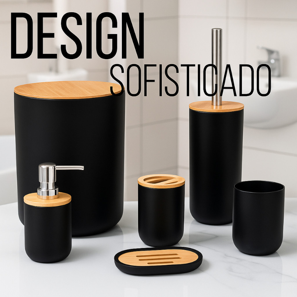 Kit Com 6 Peças Banheiro Conjunto Completo Lixeira Tampa Basculante Bambu Lavabo Escova Sanitária b em Oferta na Shopee