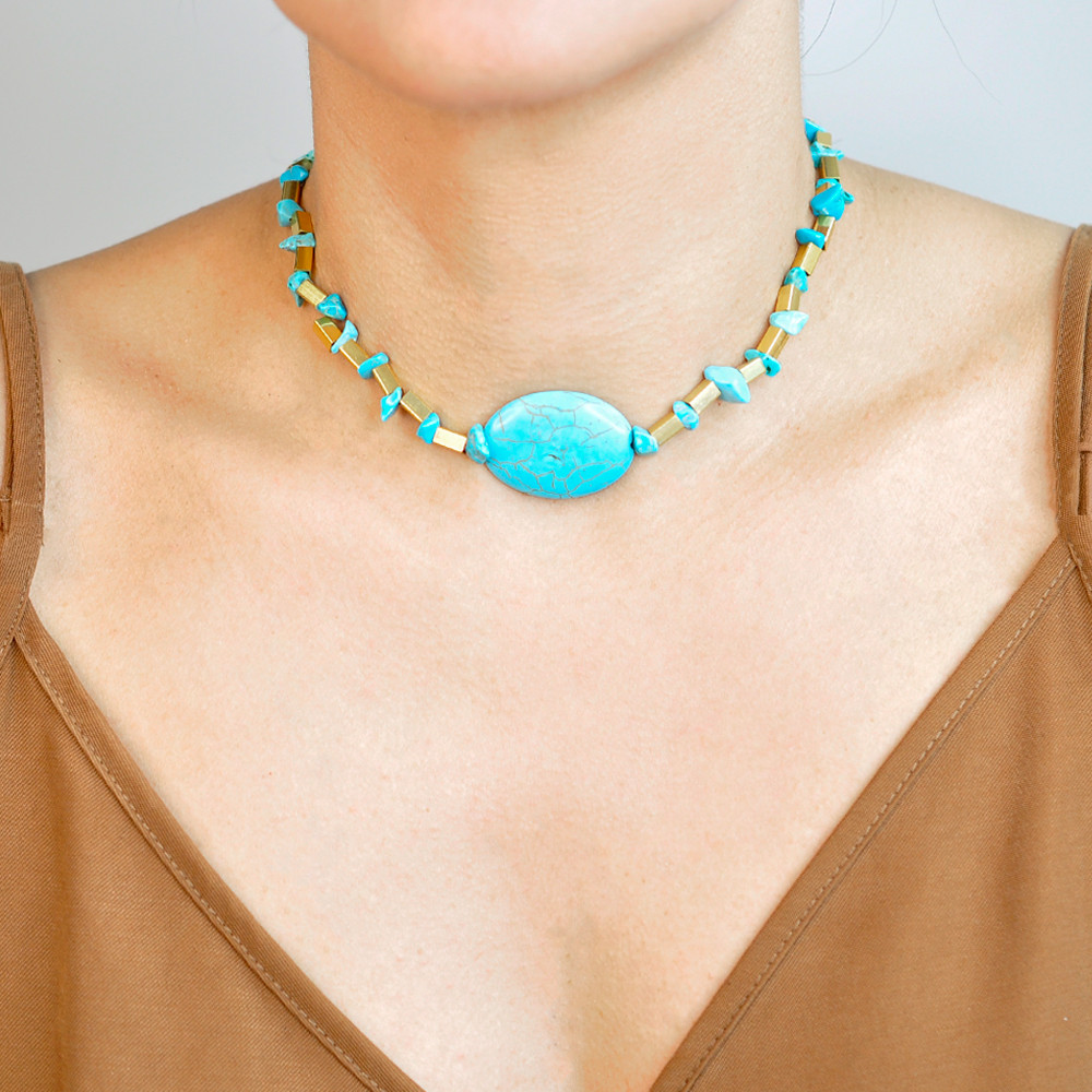 Colar Choker Boho Canutilho Cascalho Azul Dourado Feminino
