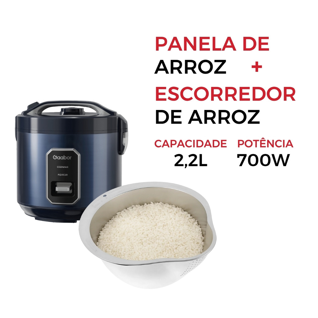 Kit Panela de Arroz Gaabor 2,2L 15 Xícaras Antiaderente 700W, 127V + Escorredor arroz salada