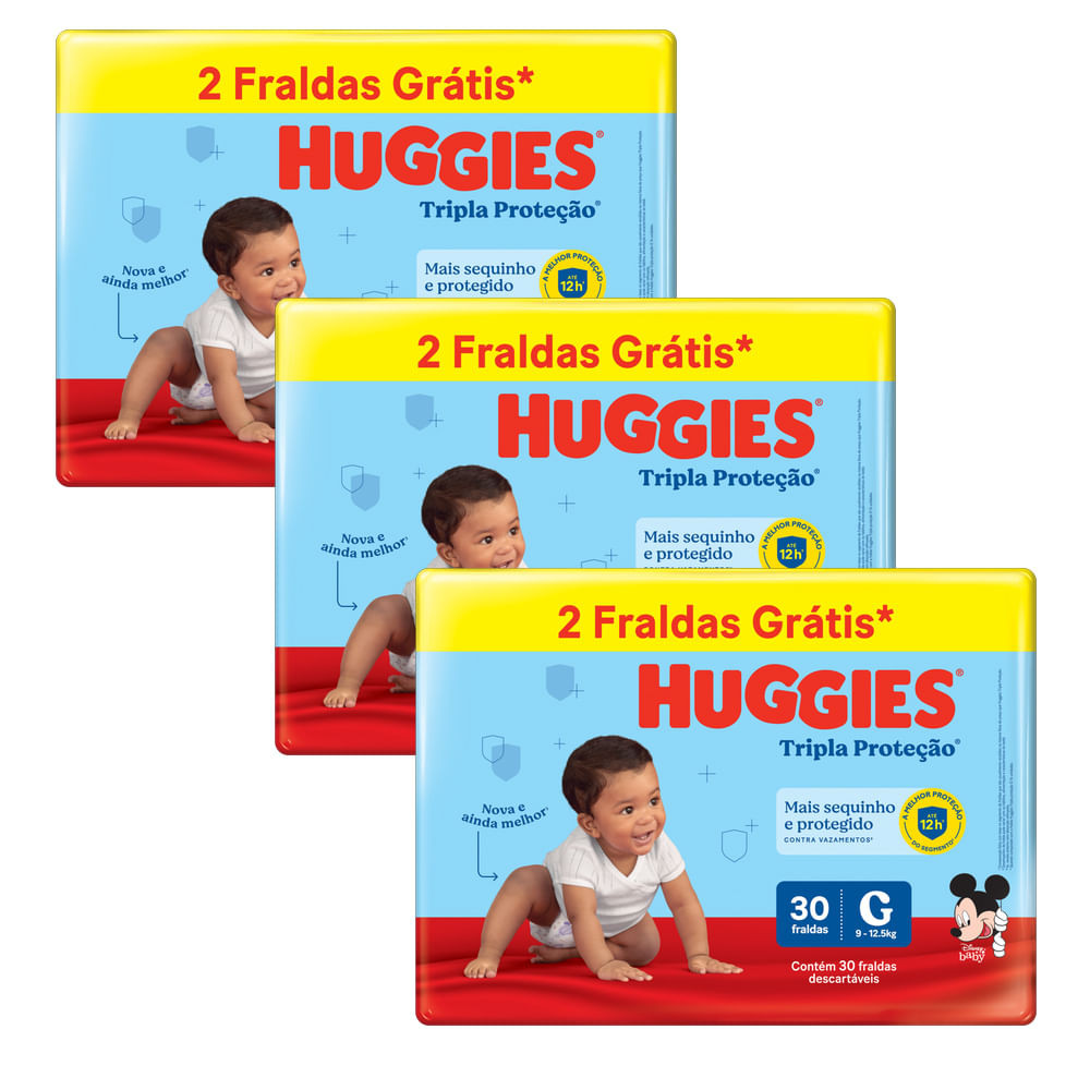 Kit 3 Fraldas Huggies Tripla Proteção Meguinha G - 90 Tiras - Mom & Baby