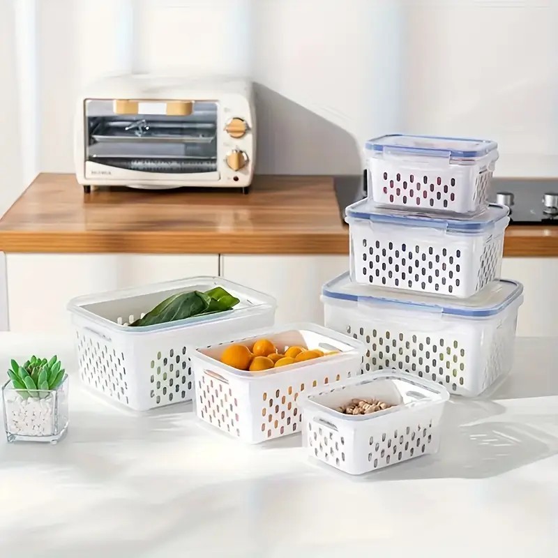 Kit 3 potes Organizadores Geladeira Herméticos Cozinha Alimentos Com Cesto Removível Lavar Frutas