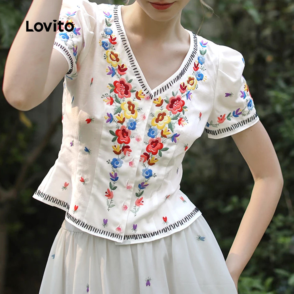 (Trendy) Lovito Blusa Multicolorida Boho Floral Com Botão Verão Primavera Para Mulheres LBL25305 em Oferta na Shopee