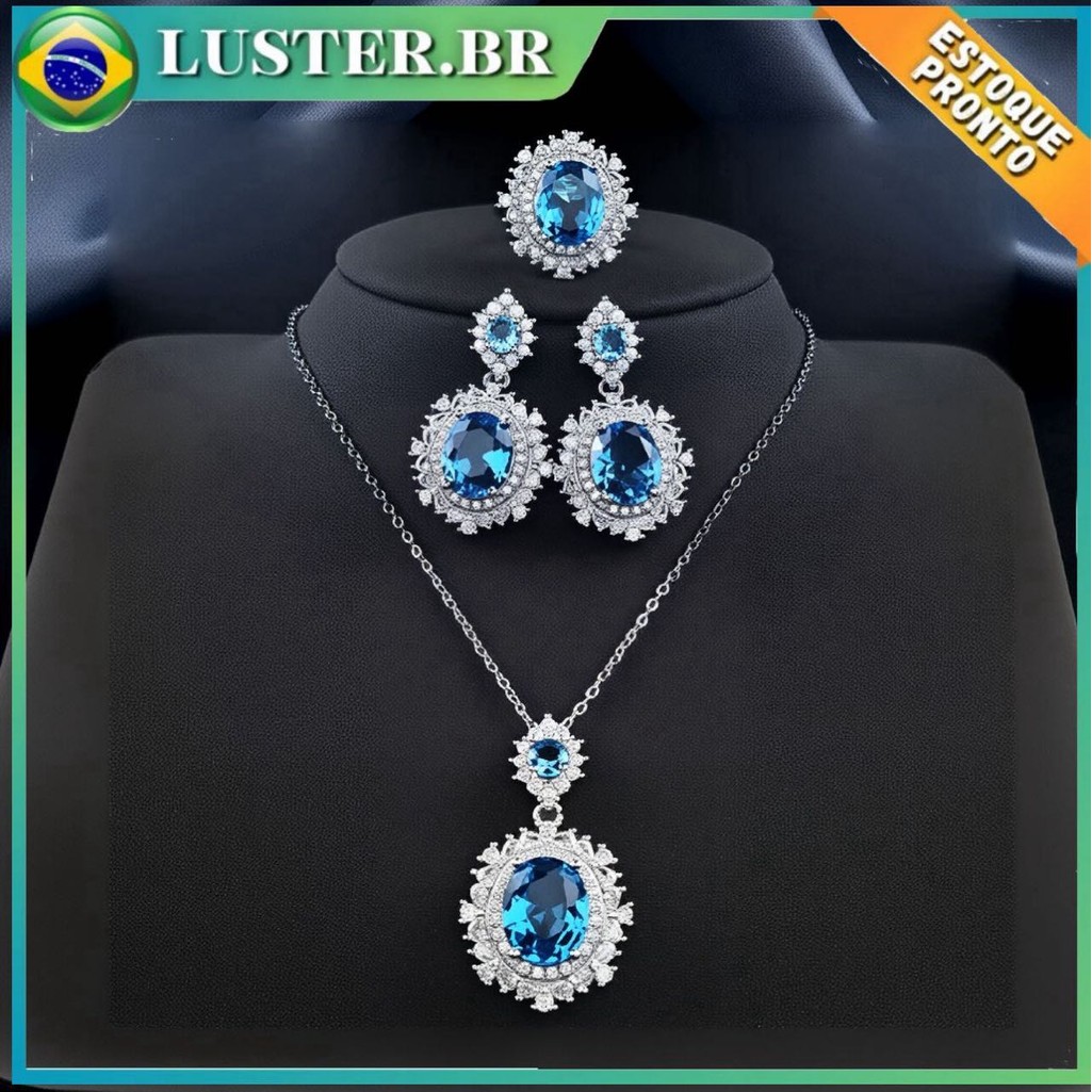 Conjunto de colar e brincos com pedras preciosas azuis ovais e diamantes, conjunto de noiva de alta qualidade