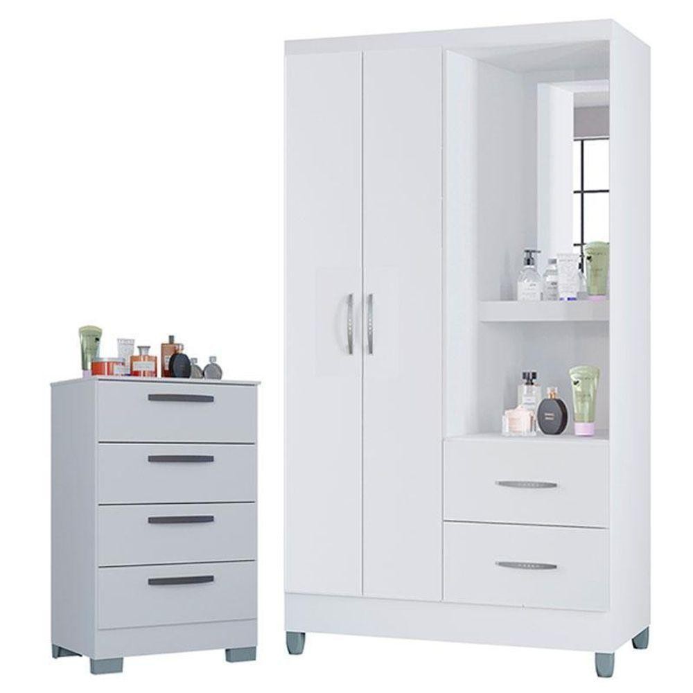 Cômoda 867 4 Gavetas Com Guarda Roupa Solteiro Córdoba 2 Portas Branco Brilho Poquema