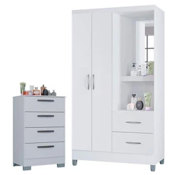 Cômoda 867 4 Gavetas Com Guarda Roupa Solteiro Córdoba 2 Portas Branco Brilho Poquema