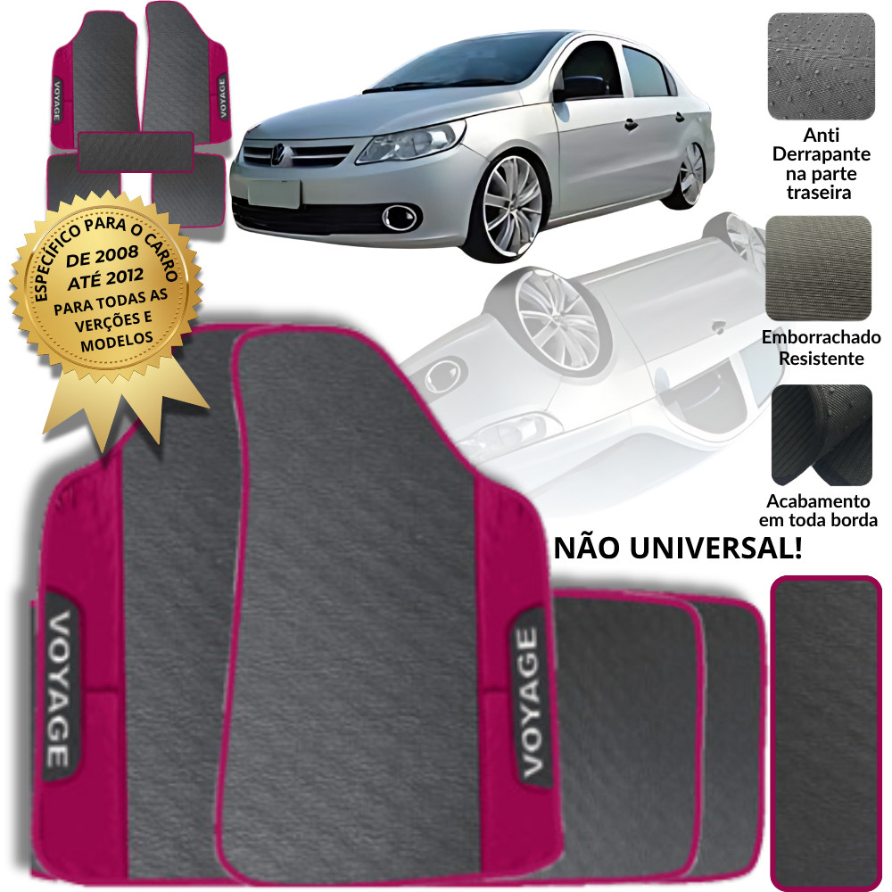 Jogo Tapete Voyage G5 2009 a 2012 5 Peças Emborrachado Rosa C/ Túnel Antiderrapante Lavável Completo