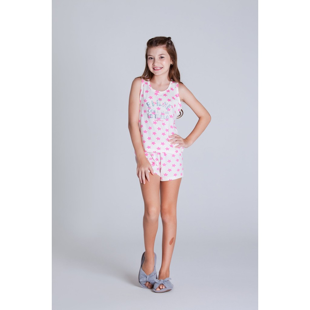 Pijama Infantil Menina Verão 100 % Algodão Regata Estrelas
