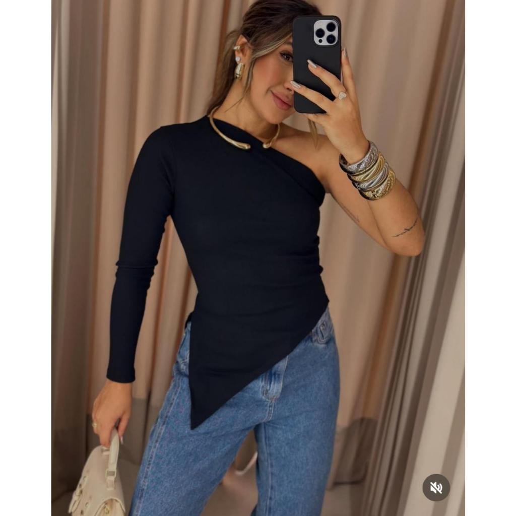 Blusa de Um Ombro Só Feminina Ribana Canelada – Tendência da Estação