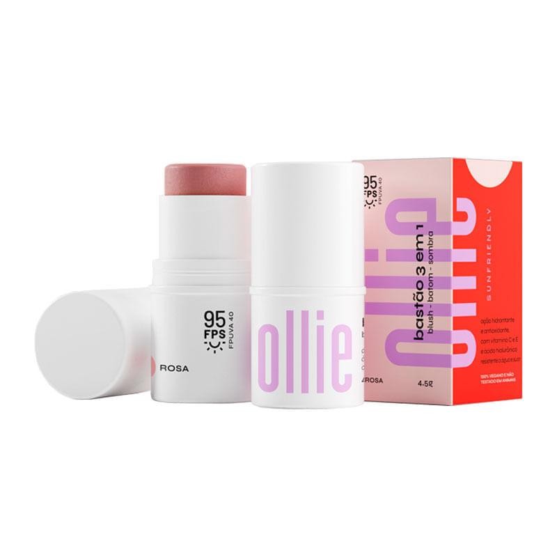 Bastão 3 em 1 Ollie Blush, Batom e Sombra FPS95 Cor Rosa 4,5g em Oferta na Shopee