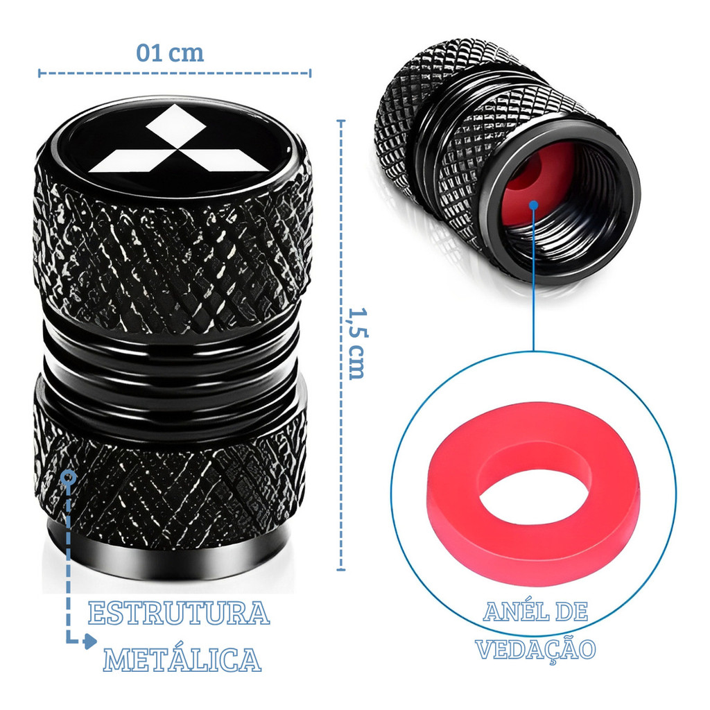 Kit 4 Tampas Bico de Pneu Metálica Universal para Veiculos Mitsubishi L200 Pajero Eclipse Cross etc.